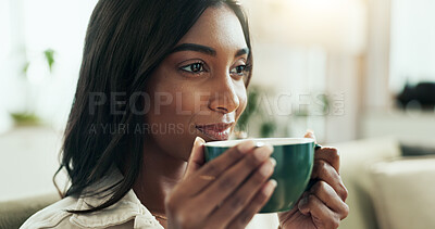 Buy stock photo Indian woman, coffee and morning with thinking, relax and calm in home with hot drink in living room. Idea, tea cup and latte on weekend with wellness and mug with memory and joy from reflection