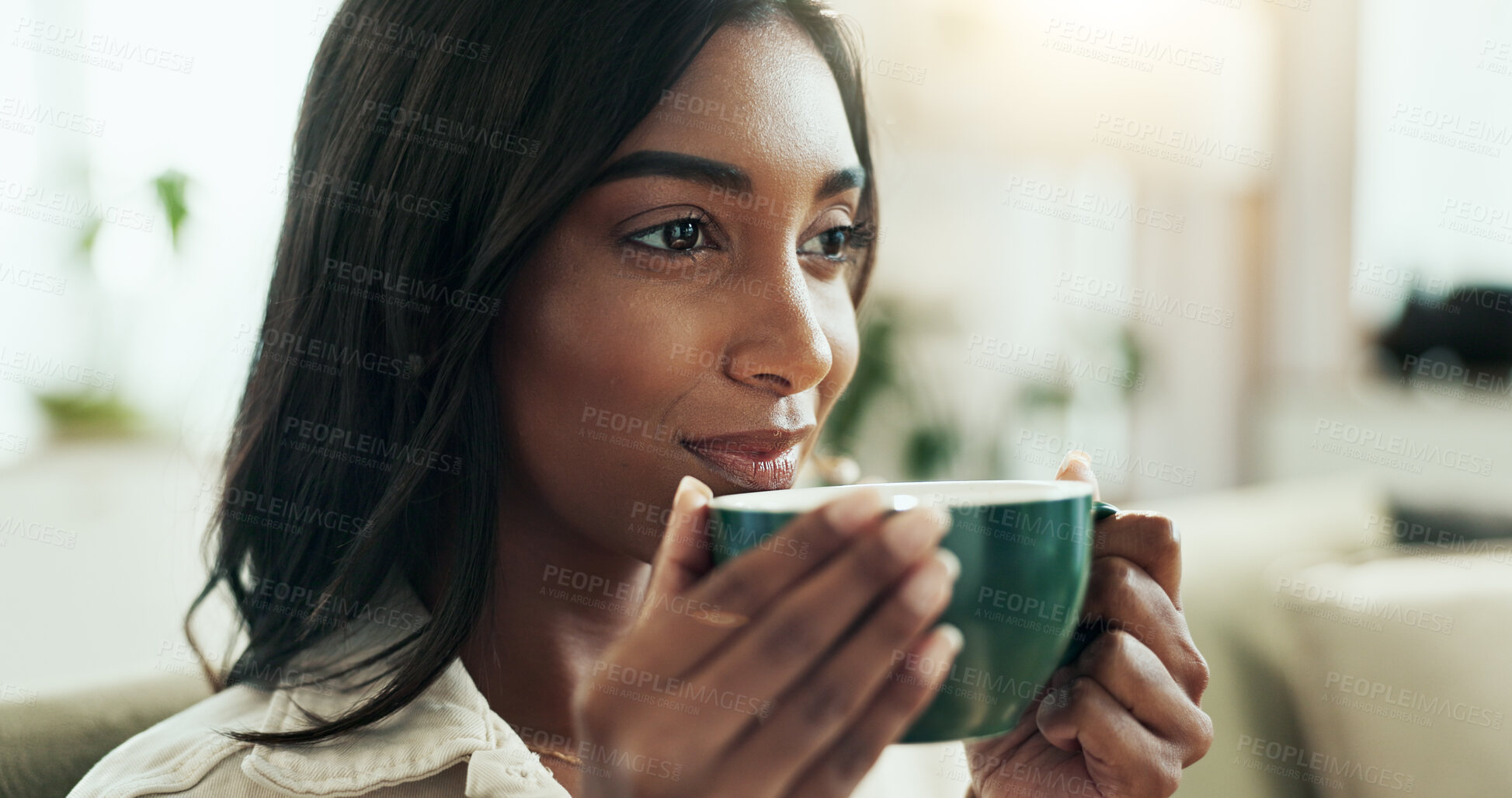 Buy stock photo Indian woman, coffee and morning with thinking, relax and calm in home with hot drink in living room. Idea, tea cup and latte on weekend with wellness and mug with memory and joy from reflection