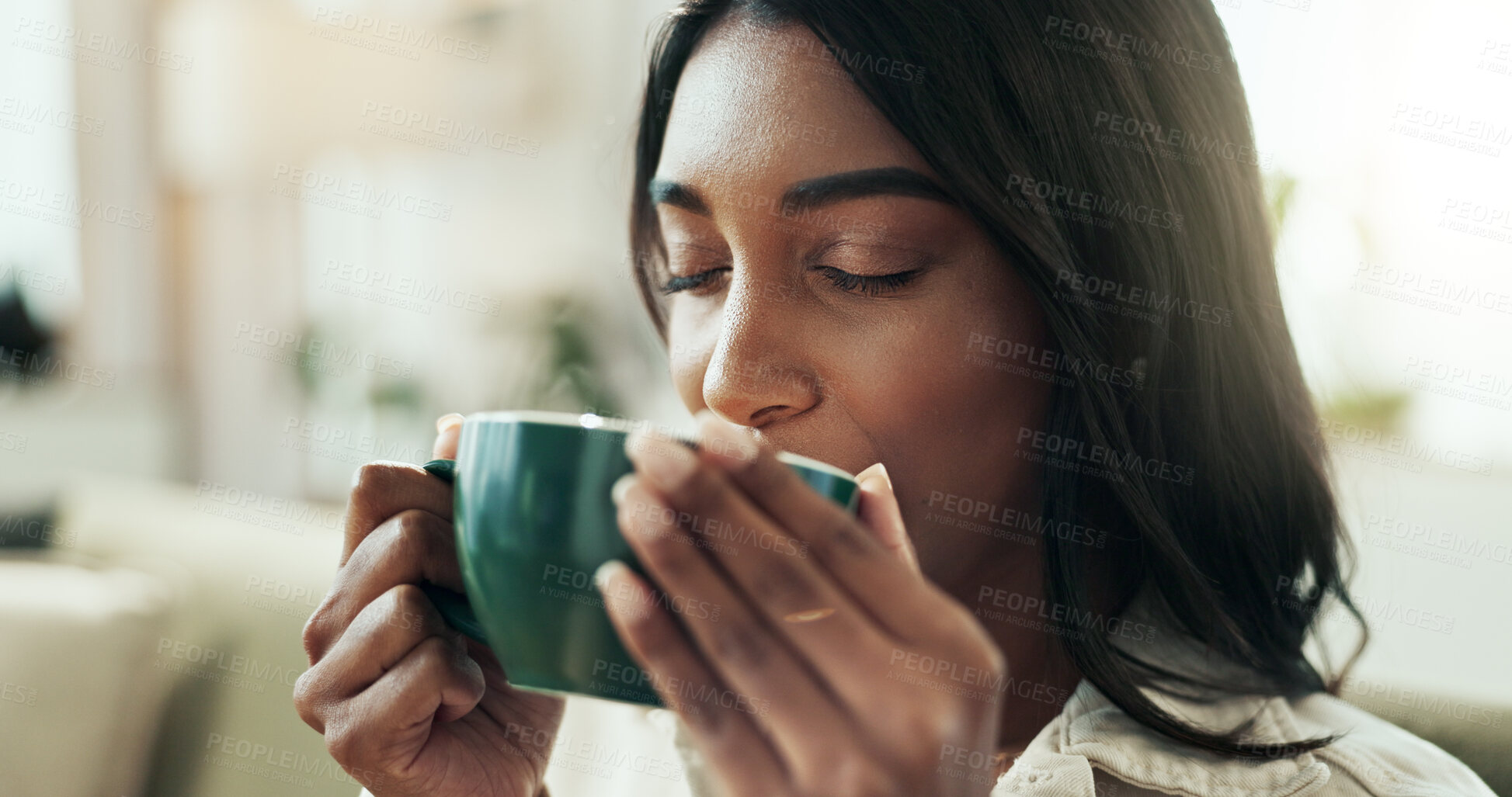 Buy stock photo Indian woman, drinking coffee and morning with thinking, relax and calm in home with break in living room. Idea, tea cup and latte on weekend with wellness and mug with memory and joy from reflection