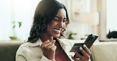 Buy stock photo Excited, home and woman with smartphone, credit card and celebration with savings, investment and smile. Apartment, person and girl on sofa, cellphone and cheering for email notification and payment