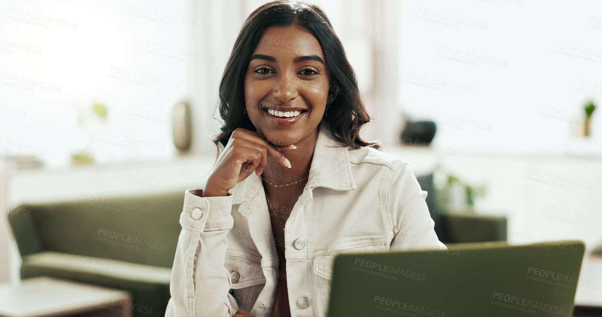 Buy stock photo Remote work, happy or woman at laptop for portrait, professional or excited for fun opportunity. Entrepreneur, smile or tech in living room for small business, startup growth or development in India