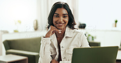 Buy stock photo Remote work, smile or woman at laptop for portrait, professional or excited for fun opportunity. Entrepreneur, happy or tech in living room for small business, startup growth or development in India