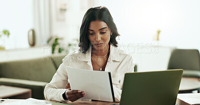 Buy stock photo Business woman, media proposal and laptop in office with public relations work and press release update. Tech, professional and digital information with planning and online review for research