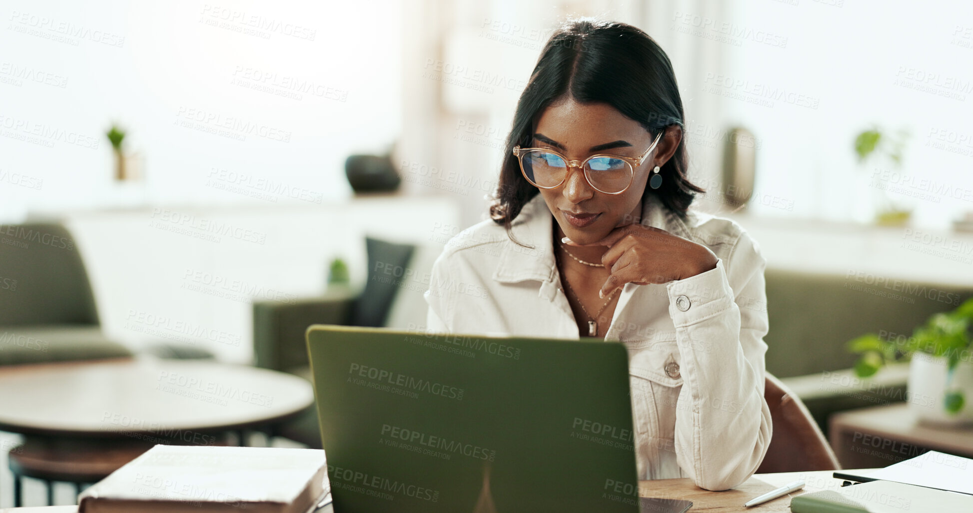 Buy stock photo Business woman, working and laptop in office with public relations project and press release update. Tech, professional and digital information with planning and online review for media research