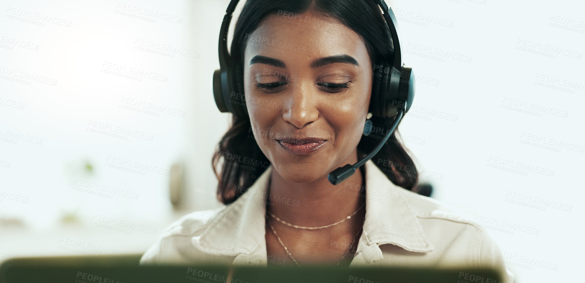 Buy stock photo Happy, woman and support with headphones in call centre for customer service, telemarketing and sales agent. Smile, advisor and headset for communication, client questions or e commerce advice of faq