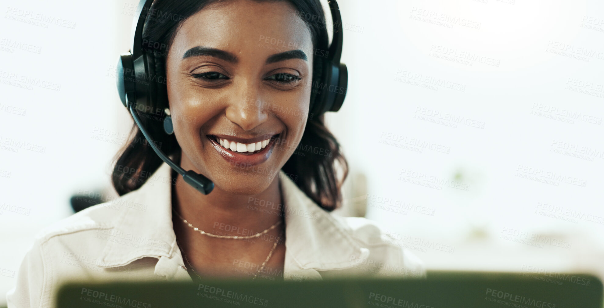 Buy stock photo Agent, woman and support with headphones in call centre for customer service, telemarketing and sales advice. Happy, advisor and headset for communication, client questions and e commerce help of faq