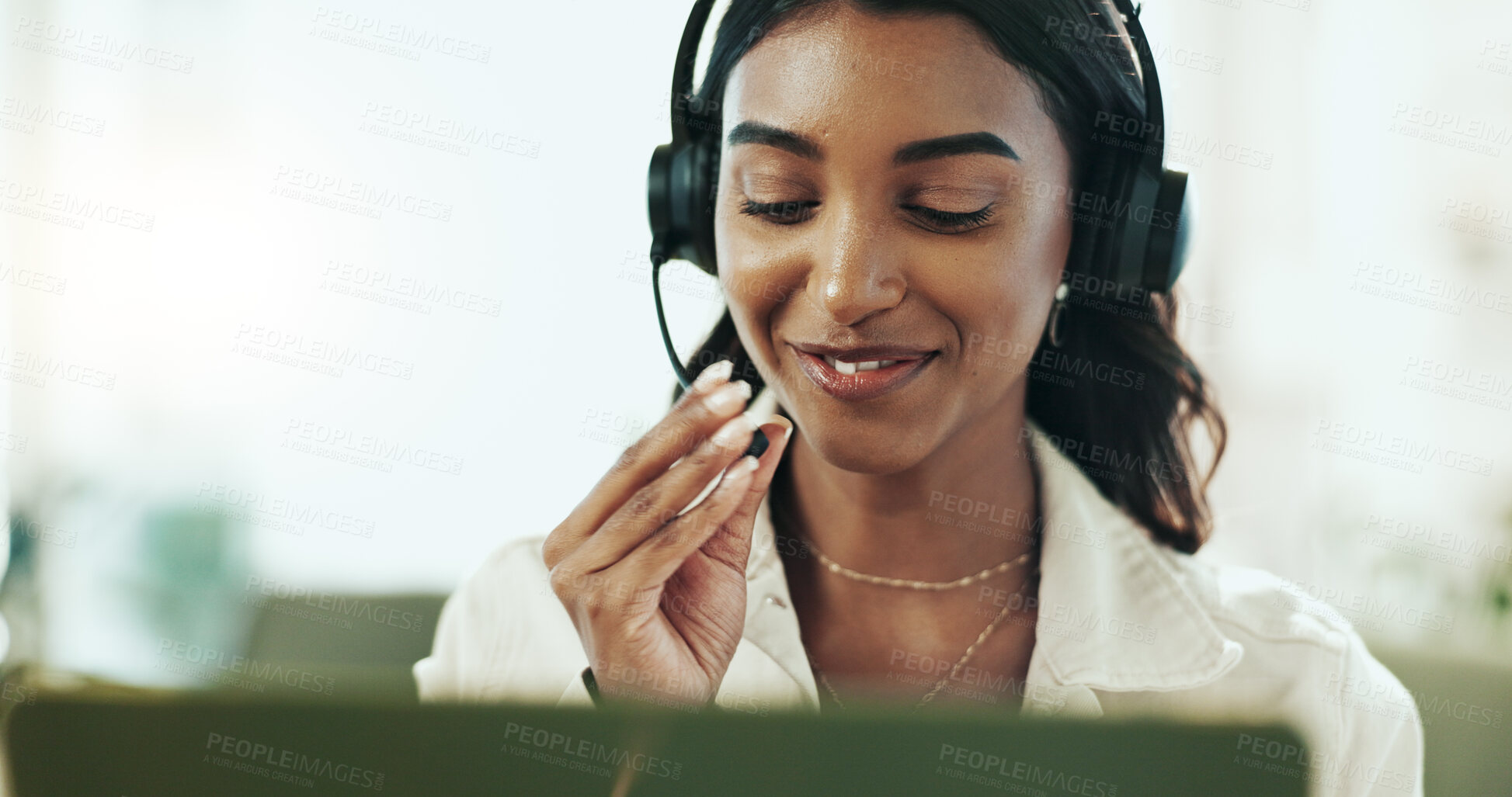 Buy stock photo Smile, woman and support with headphones in call centre for customer service, telemarketing and sales agent. Happy, advisor and headset for communication, client questions or e commerce advice of faq
