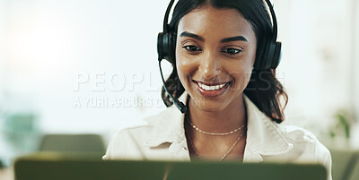 Buy stock photo Agent, woman and smile with headphones in call centre for customer service, telemarketing and sales advice. Happy, advisor and headset for communication, client questions or e commerce support of faq