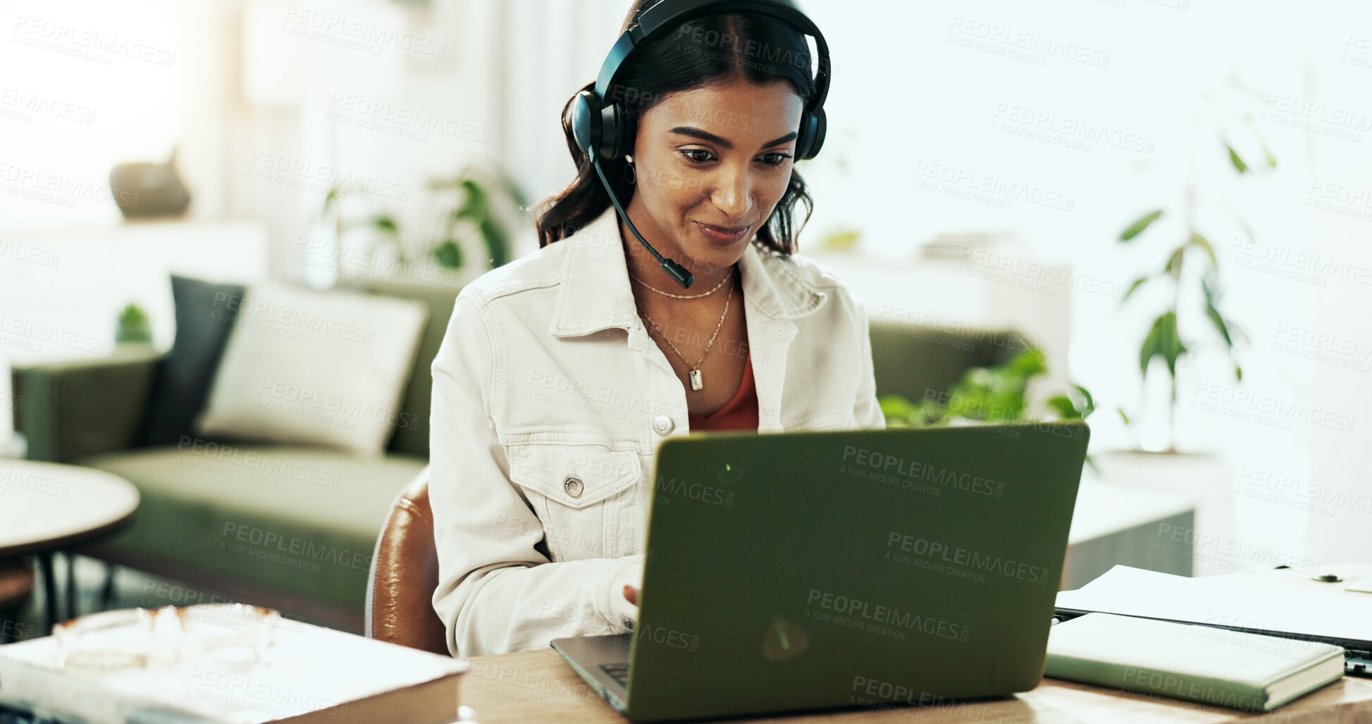 Buy stock photo Woman, laptop and support with headphones in call centre for customer service, telemarketing and sale agent. Pride, advisor and headset for communication, client questions or e commerce advice of faq