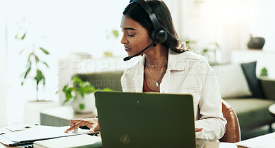 Buy stock photo Woman, document and laptop with headphones in call centre for customer service, telemarketing and sales. Girl, advisor and headset with communication, client questions and e commerce advice at house