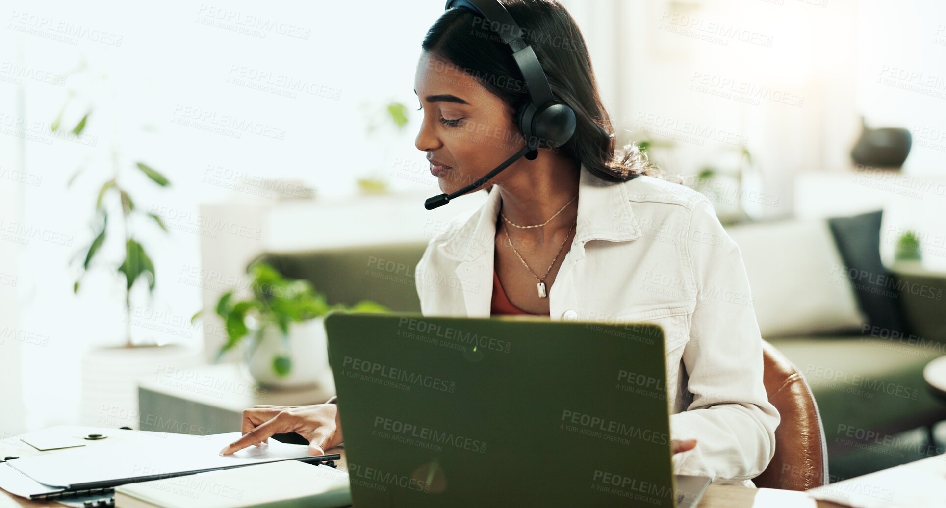 Buy stock photo Woman, document and laptop with headphones in call centre for customer service, telemarketing and sales. Girl, advisor and headset with communication, client questions and e commerce advice at house