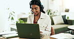 Agent, woman and laptop with headphones in call centre for customer service, telemarketing and sales advice. Happy, advisor and headset for communication, client questions or e commerce faq at house