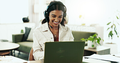 Buy stock photo Happy, woman and laptop with headphones in call centre for customer service, telemarketing and sale agent. Smile, advisor and headset for communication, client questions or e commerce advice at house