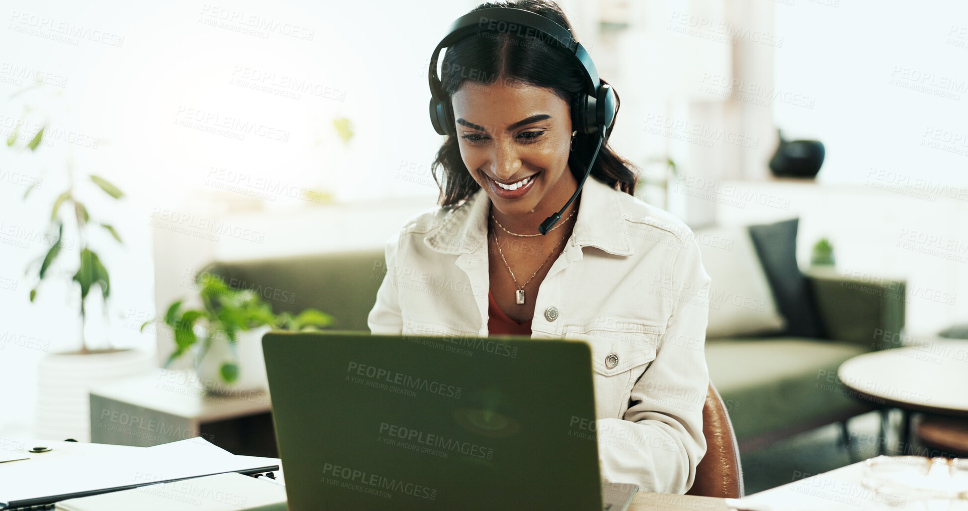 Buy stock photo Smile, woman and laptop with headphones in call centre for customer service, telemarketing and sale agent. Happy, advisor and headset for communication, client questions or e commerce advice at house