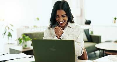 Buy stock photo Remote work, woman and applause at laptop for success, company growth or good news in email. Virtual assistant, computer and excited in home for promotion, achievement and bonus or career opportunity