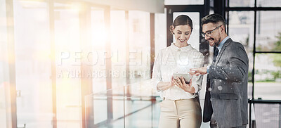 Buy stock photo Meeting, teamwork and business people with tablet in office for feedback, review or project proposal. Lens flare, corporate consultant and employees for conversation, collaboration or discussion