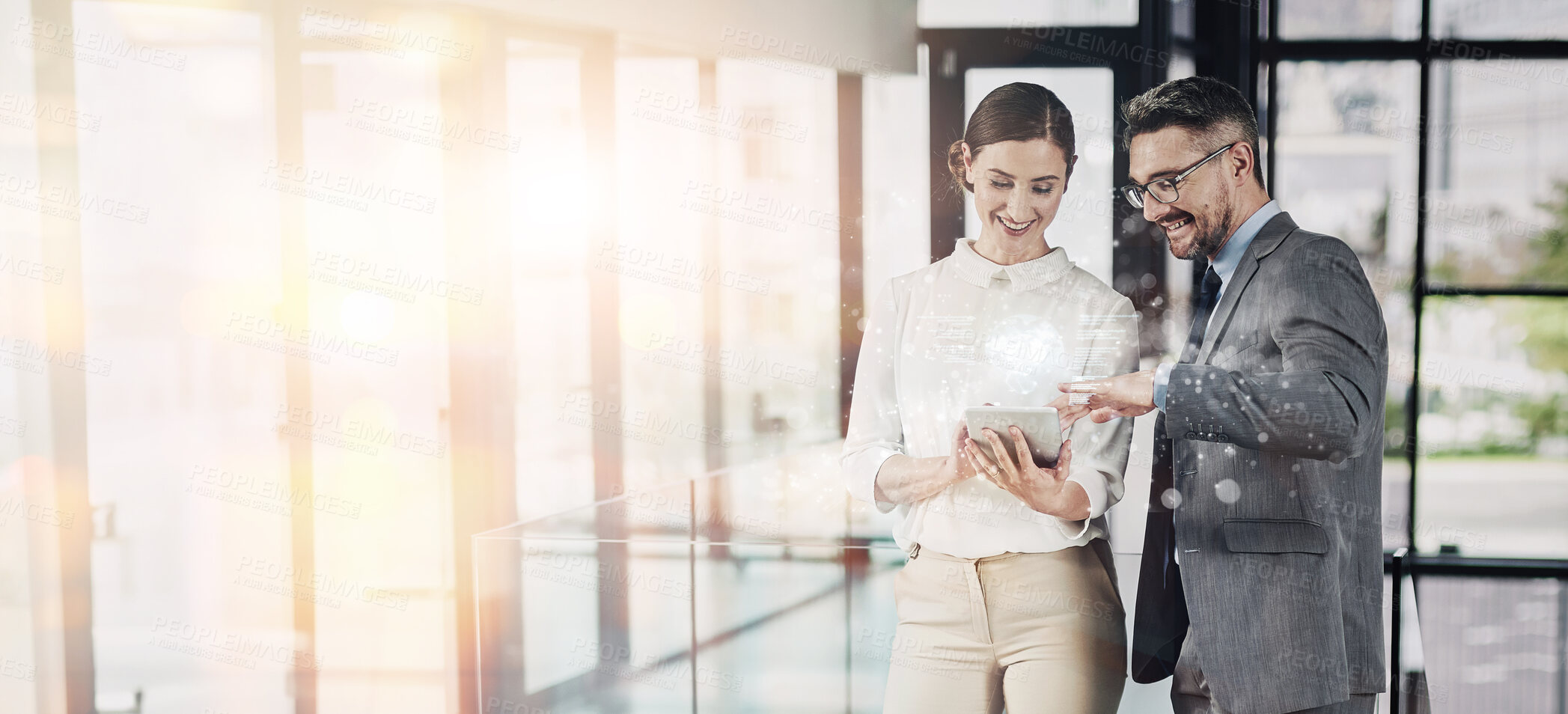 Buy stock photo Meeting, teamwork and business people with tablet in office for feedback, review or project proposal. Lens flare, corporate consultant and employees for conversation, collaboration or discussion