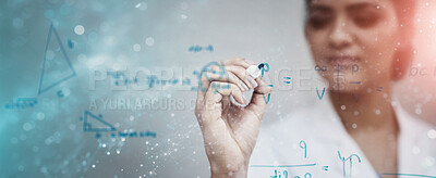 Buy stock photo Hand, science and writing on glass with woman in studio on gray background for equation or formula. Innovation, problem solving and research with female scientist in laboratory for breakthrough