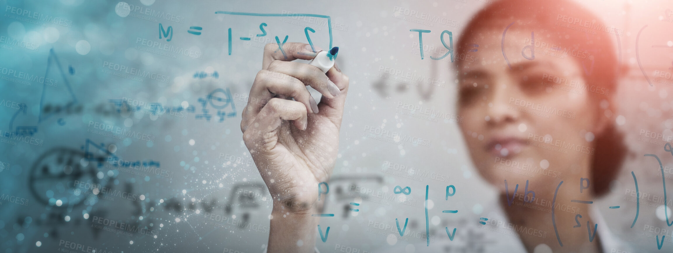 Buy stock photo Hand, problem solving and science on glass with woman in studio on gray background for equation or formula. Innovation, research and writing with woman scientist in laboratory for breakthrough