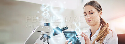 Buy stock photo Cropped shot of a young female scientist recording her findings on a digital tablet