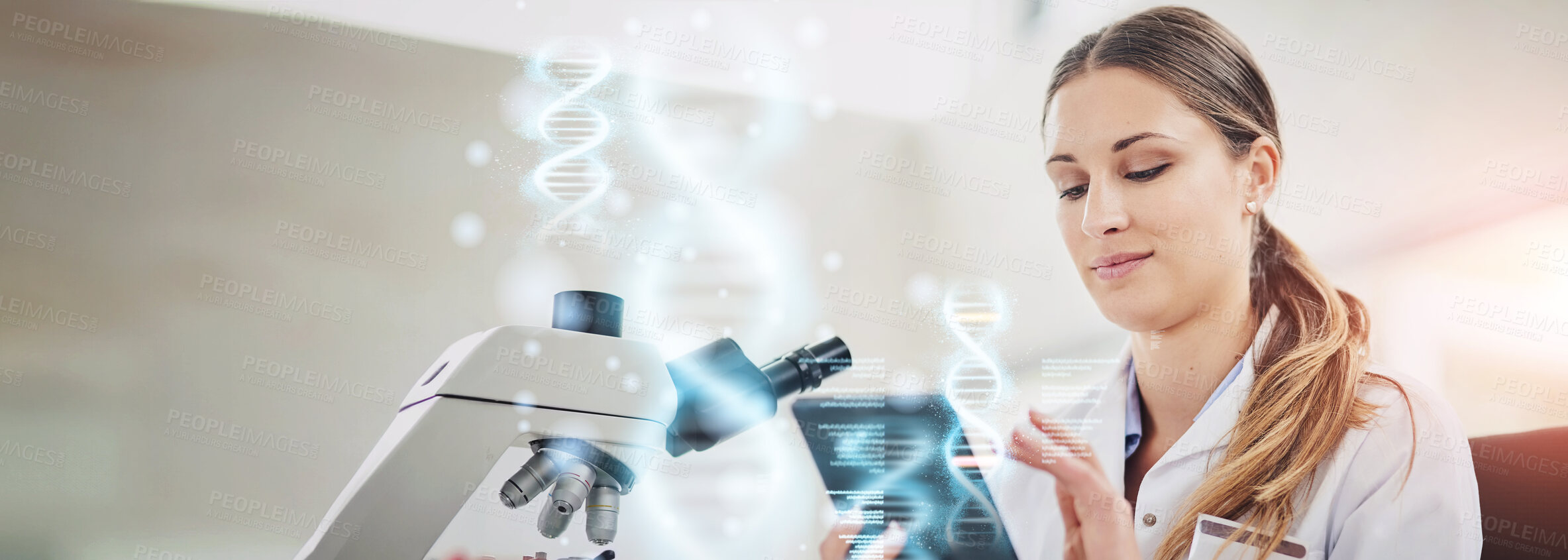 Buy stock photo Cropped shot of a young female scientist recording her findings on a digital tablet