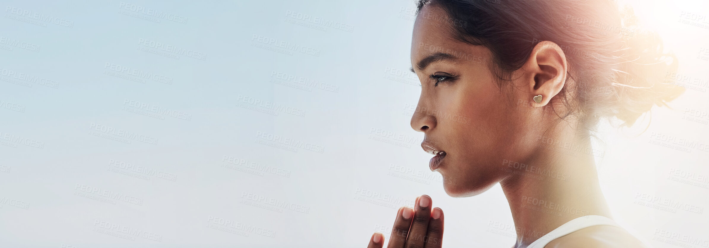 Buy stock photo Zen, praying and woman with yoga outdoor for mindfulness, balance and body wellness exercise. Calm, peace and female person with meditation routine for spiritual health and morning gratitude.