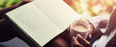 Buy stock photo Coffee, relax and woman with book by window for peace, learning poetry and reading novel on weekend. Home, story and female person with warm drink in house for knowledge, information or fiction hobby