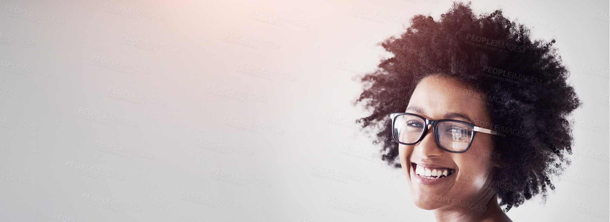 Buy stock photo Portrait, African woman and glasses in studio with happiness for style, fashion and choice. Street wear, gen z and pride for clothes, apparel and smile by white background with eyewear and afro