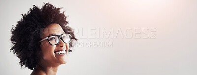 Buy stock photo Portrait, African woman and thinking in studio with glasses for idea, fashion and choice. Street wear, gen z and pride for clothes, apparel and smile by white background with style, eyewear and afro