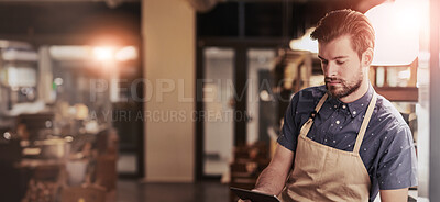 Buy stock photo Man, coffee shop or cafe with tablet for contact, online deal or beverage order at small business. Restaurant, barista or waiter in kitchen with tech for communication, networking or customer service