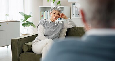 Buy stock photo Psychology, therapist and woman on sofa with smile, counseling and hope for anxiety management. Mental health, support or happy person on couch with psychologist for consultation with stress relief