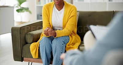 Buy stock photo Psychology, therapist and nervous woman on sofa for counseling, discussion or help in anxiety, trauma or stress. Mental health, support and hands of person on couch with psychologist for consultation