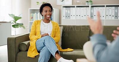 Buy stock photo Psychology, therapist and woman on couch with smile, counseling and hope for anxiety management. Mental health, support or happy person on sofa with psychologist for consultation with stress relief