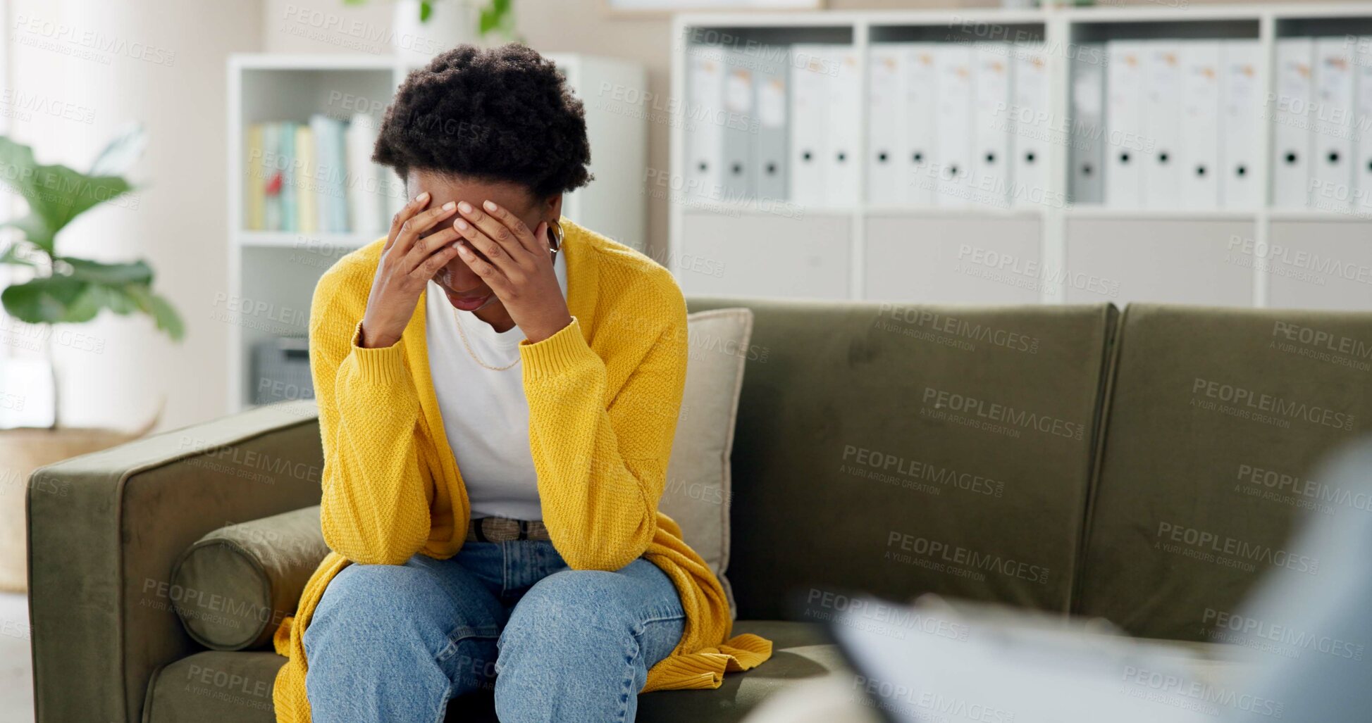 Buy stock photo Psychology, stress and woman on sofa with therapist for counseling in anxiety, trauma or memory. Mental health, psychologist and person with depression on couch for consultation, support or advice