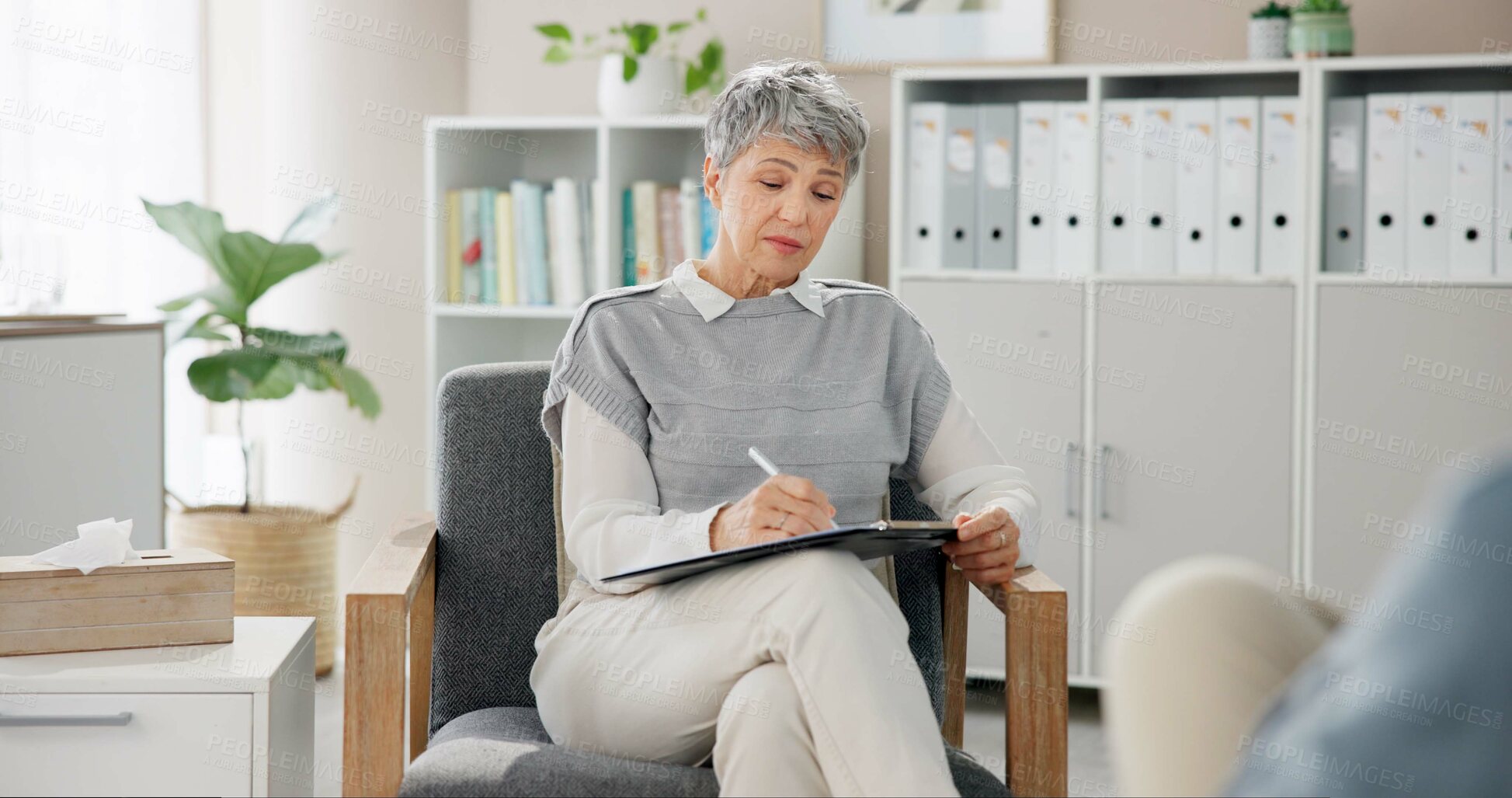 Buy stock photo Therapist, client and writing in office, conversation and sad with emotional reaction. Psychologist, session and medical with professional, healthcare and depression with notes, feedback or diagnosis