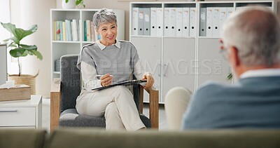 Buy stock photo Psychology, advice and therapist woman with smile for counseling, discussion or help in stress management. Mental health, support and person with depression on couch with psychologist in consultation