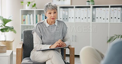 Buy stock photo Therapist, client and senior woman with clipboard, listening and diagnosis with emotional reaction. Psychologist, documents and medical with professional, healthcare and depression with session