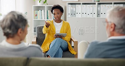 Buy stock photo Therapy, tablet and therapist with couple on sofa for advice, consulting and counseling session. Psychology, talking and man and woman on couch for marriage, relationship and discussion for help