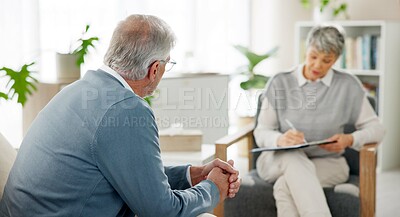 Buy stock photo Therapist, patient and senior people in office, writing and diagnosis with emotional reaction. Psychologist, old person and medical with professional, healthcare and depression with notes for session