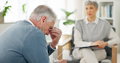 Buy stock photo Therapist, client and senior people in office, conversation and sad with emotional reaction. Psychologist, old person and medical with professional, healthcare and depression with stress and anxiety