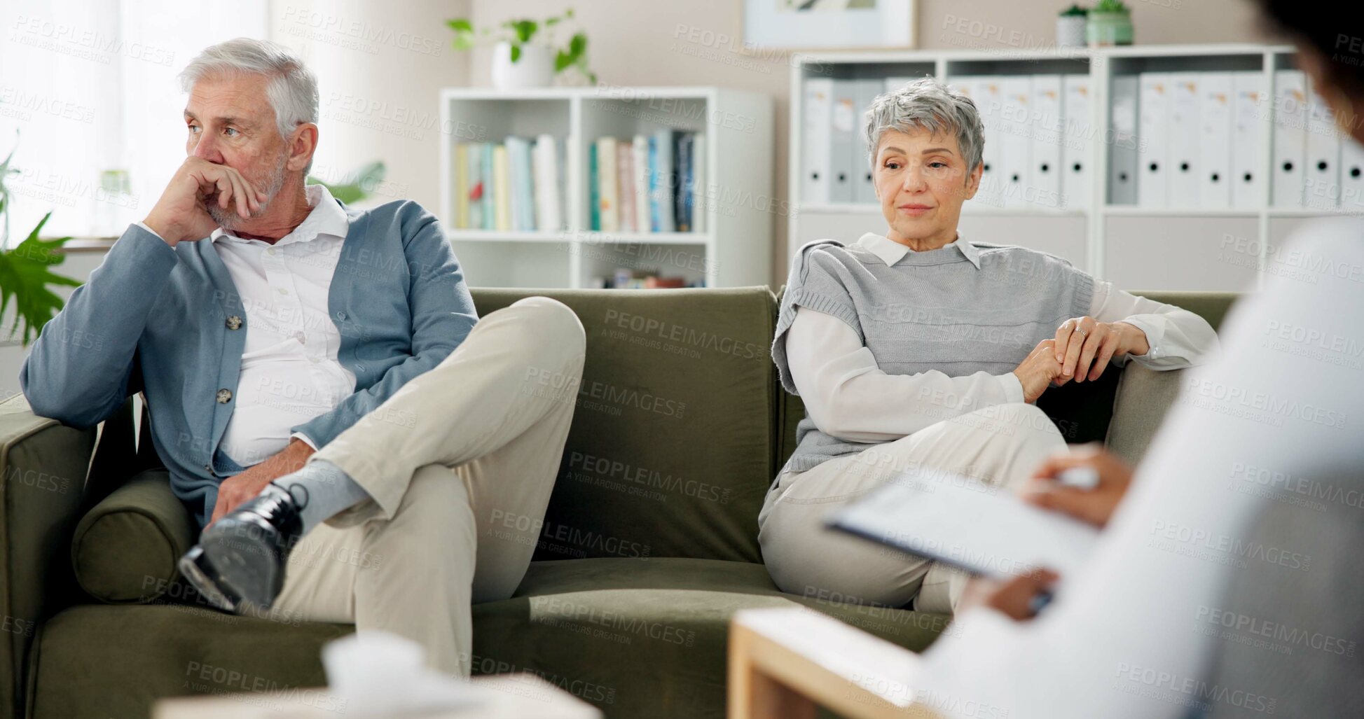 Buy stock photo Therapy, argument and couple on sofa for counseling session, consulting and advice in office. Psychology, meeting and man and woman on couch for marriage crisis, relationship and communication issue