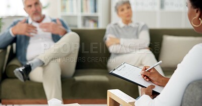 Buy stock photo Therapy, clipboard and couple on sofa for counseling session, consulting and advice in office. Psychology, meeting and man and woman on couch for marriage, relationship and communication with notes