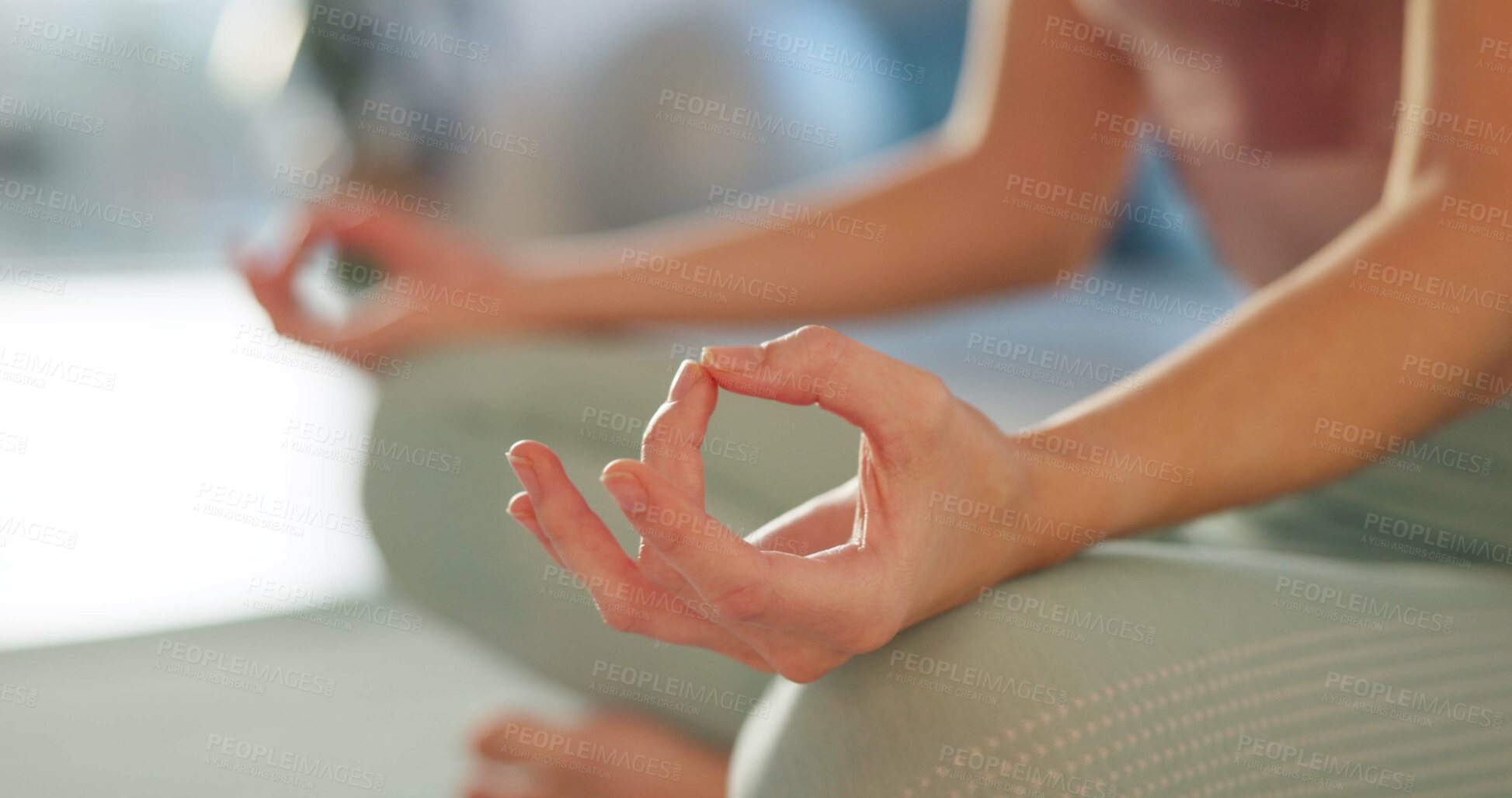 Buy stock photo Meditation, yoga and lotus with hands of woman in studio for health, peace and spiritual wellness. Balance, mindfulness and healing with closeup of person and practice for relax, awareness and energy