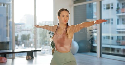 Buy stock photo Woman, fitness and stretching for yoga in class as exercise and workout for health. Female person, gym and serious with hobby in sportswear with sweat for self care, wellbeing and break to relax 