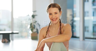 Buy stock photo Woman, break and smile for yoga in class as exercise and workout for health in France. Female person, gym and happy or proud on portrait with hobby in sportswear for self care, wellbeing and fitness