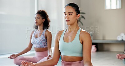 Buy stock photo Meditation, balance and class with women in studio for health, zen and spiritual wellness. Yoga, mindfulness and healing aura with people and holistic practice for relax, awareness or energy