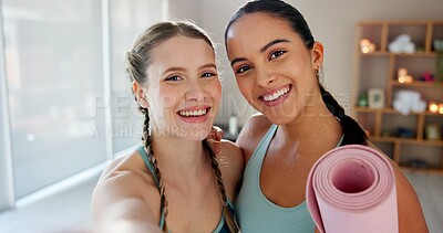 Buy stock photo Yoga class, portrait and friends with smile for selfie, photography and document memory indoor. Teamwork, women and hug embrace with happiness for profile picture, bonding together or fitness in home