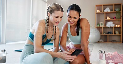 Buy stock photo Yoga, friends and women relax with phone for social media, online message and internet. Happy, pilates and people on smartphone for exercise, training and workout for wellness, health and mobility