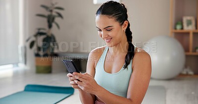 Buy stock photo Yoga, happy and woman relax with phone for social media, online message and internet. Happy, pilates and person on smartphone for exercise, training and workout for wellness, health and progress