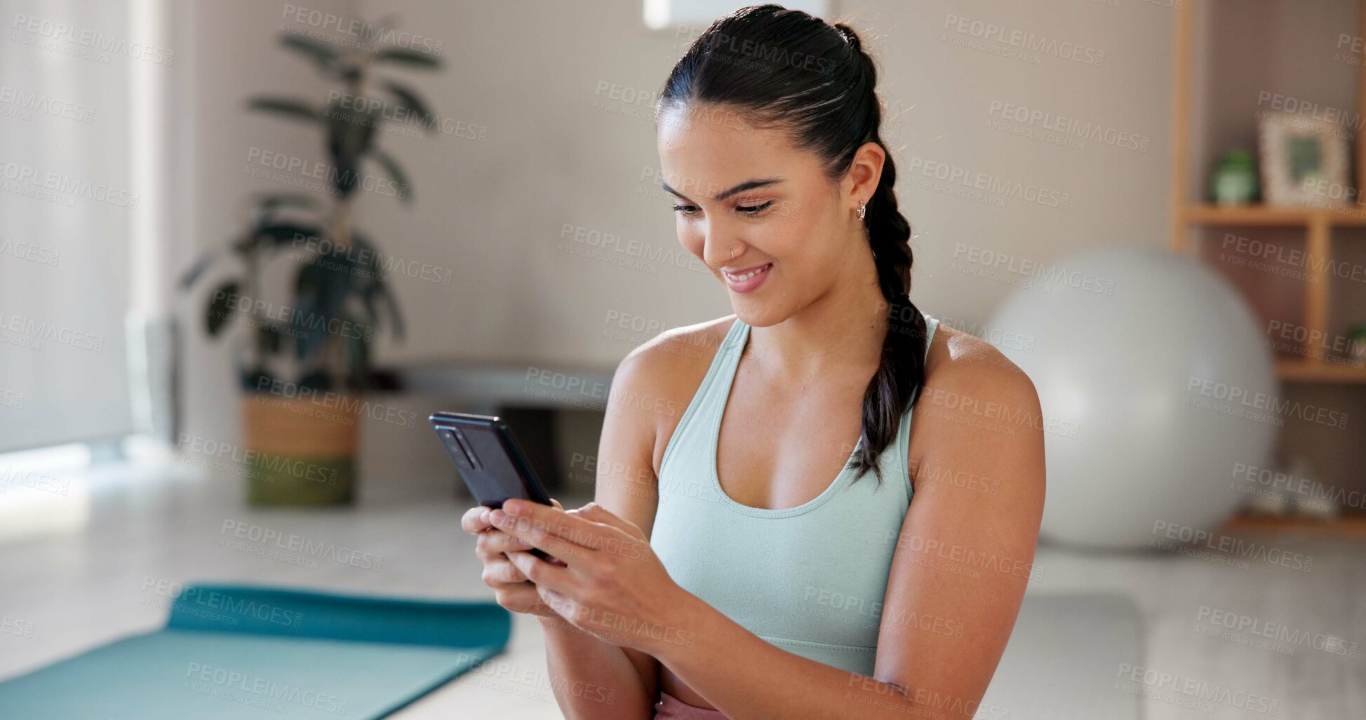 Buy stock photo Yoga, happy and woman relax with phone for social media, online message and internet. Happy, pilates and person on smartphone for exercise, training and workout for wellness, health and progress